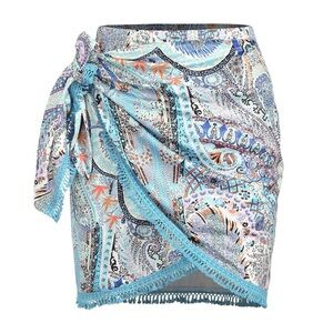 Slit Skirt for Women Boho Print Tie Side Wrap Tassel Casual Beach Mini Skirt